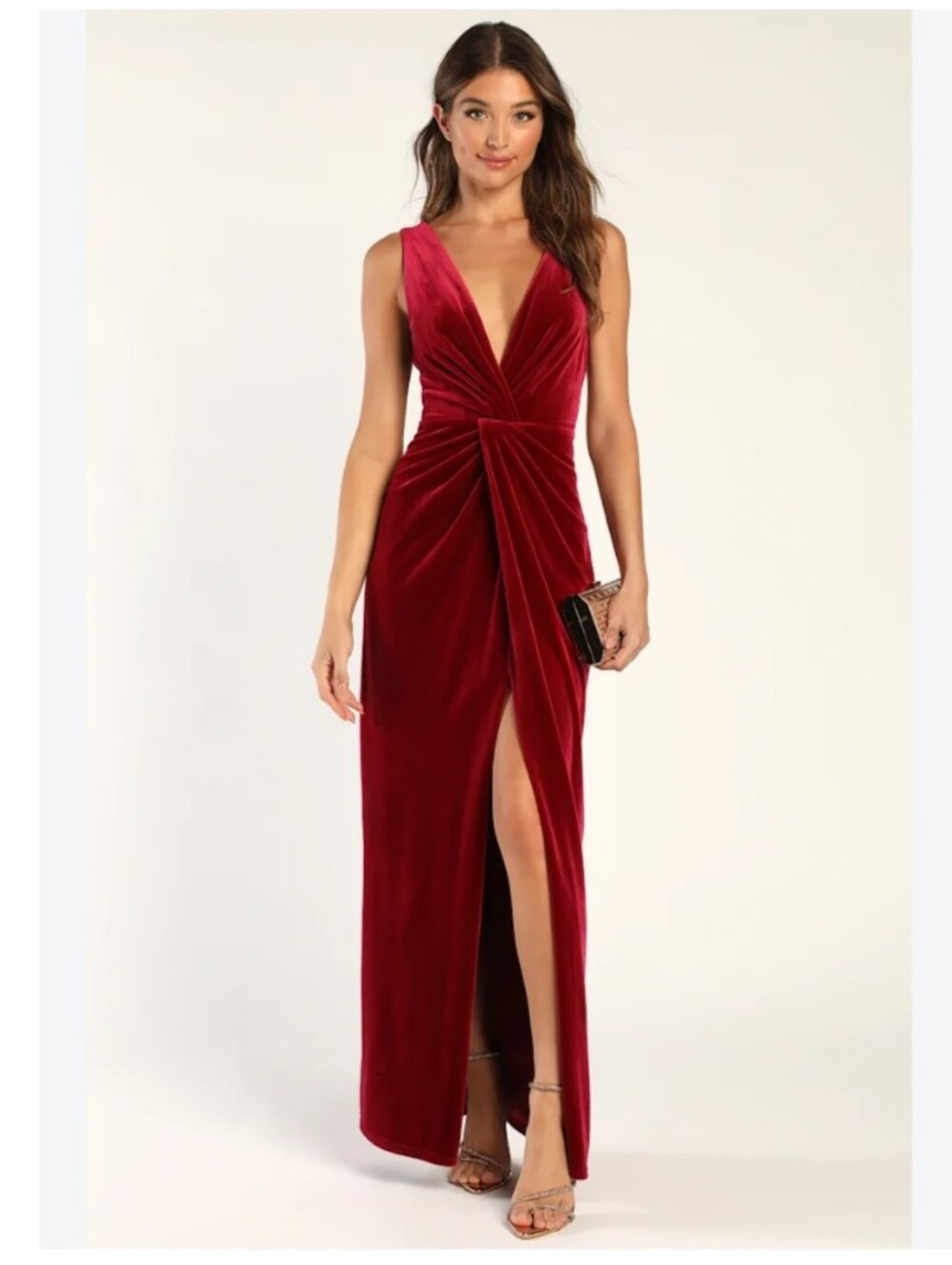 Lulu's Evenings Vine Red Velvet Twist Front Maxi Dress Size S